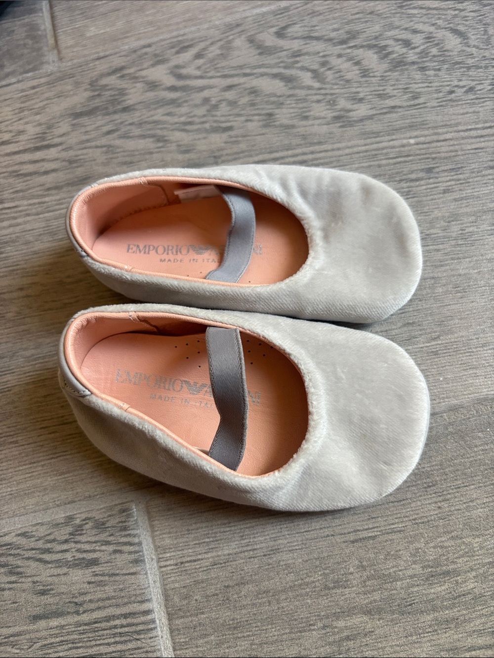Emporio Armani light grey baby Ballet Flats with Gray Strap and Pink Interior